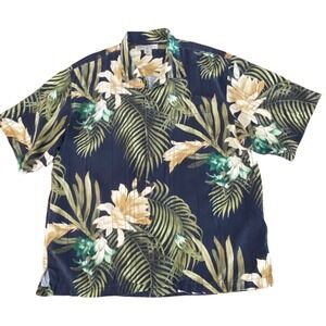 Tommy Bahama XL Silk Tropical Floral Palm Copyrighted Hawaiian Shirt Navy T31147